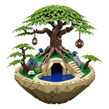 Alien Lego spacecraft hanging jungle-vines mountain-island landscape antique mudman very old broken cracked intricate Stone Age rocky-crusted irregular dodecagon-shaped shallow dark moss rough bark blue willow flowered maple tree bonsai pot sticker