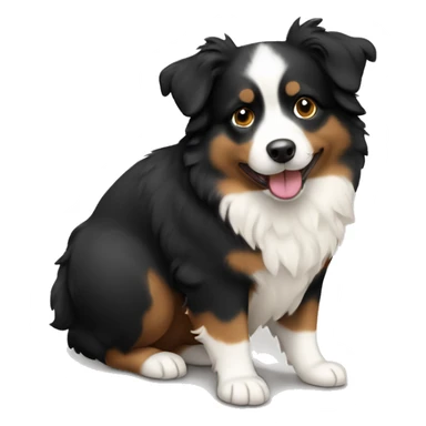 Chubby mini Aussie that is mostly black but has a little white and tan sticker