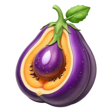 Eggplant with white liquid coming out the top being inserted into a peach sticker