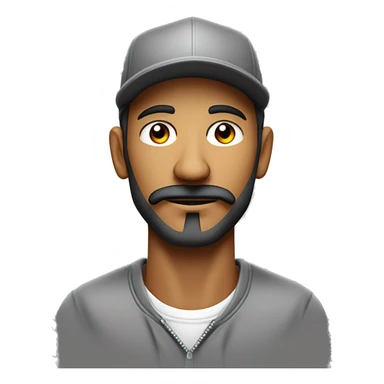 Hombre de piel clara, con ojos claros, barba fina, sin bigote, gorra negra bordada, y sudadera gris. Expresión relajada y estilo urban sticker