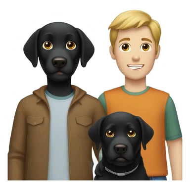Black Labrador with two Caucasian teenage boys both boys have brown hair  sticker