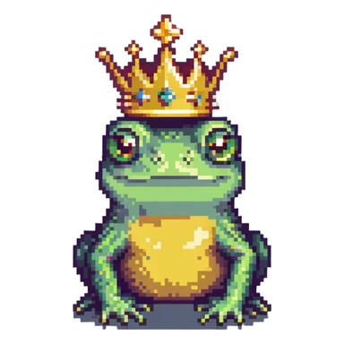 pixel art crowned frog, simple and colorful, cute frog king with a crown, 8-bit style, retro game style, green frog wearing a golden crown sticker