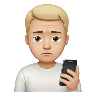 A sad-looking cartoon man holding a smartphone, staring at the screen with worried eyes and a frown, wearing a white shirt. sticker