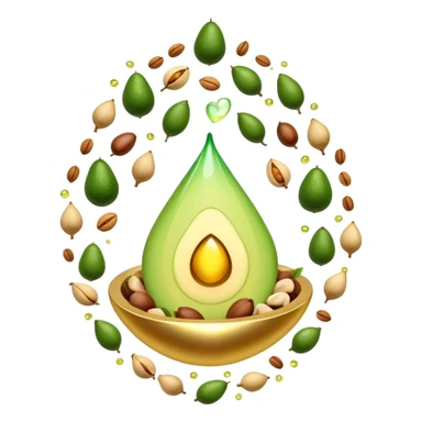 Floating aura in the shape of a golden and jade green drop, with bright icons of avocado, nuts, olive oil and ethereal fish spinning in a circle, surrounding a warm heart and illuminated brain, wrapped in a soft glow of protection and stable energy sticker