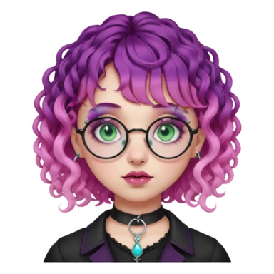 . Gothic girl with pink to violet ombré hair with pink on top, ringlet curly hair, bangs round glasses, septum piercing, nostril piercing, almond eyes, blueish green eyes,heavy eyeliner,  sticker