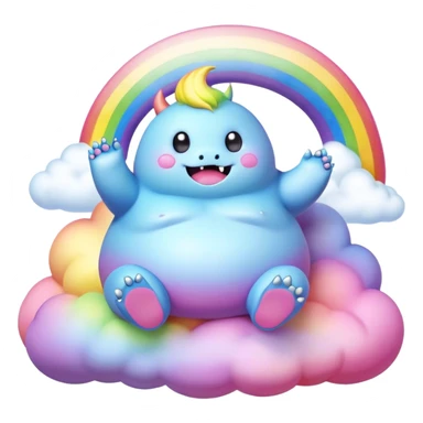 3D, Kawaii derpy fat rainbow monster sitting on a magic rainbow hued cloud, rich textures, visually detailed, so lifelike that it feels like it could leap off the page at any moment sticker