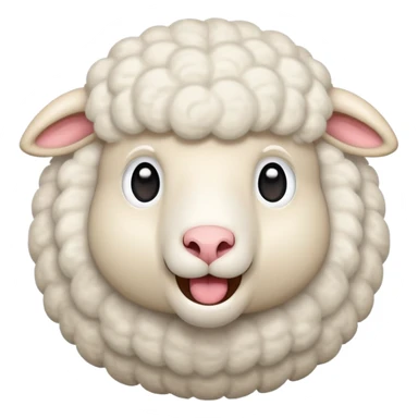 An emoji of a fluffy white sheep with its mouth open, making a 'meee' sound. Cute and cartoon-style, with soft wool texture and expressive eyes. Simple and playful design, resembling a classic farm animal emoji sticker