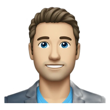 30 year old man, caucasian, black hair, blue eyes, blazer, t-shirt sticker