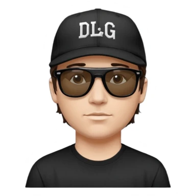 Emoji of a white man with short dark brown hair under a black baseball cap, wearing a black t‑shirt and 1980s‑style black Ray‑Ban rectangle sunglasses black lenses, with black musical notes floating around his head,  word "DLG" written on the hat sticker