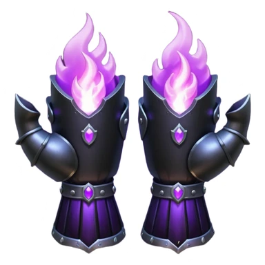 A Discord emoji of a pair of black armored gauntlets holding a flickering violet flame. The hands are positioned as if offering a gift. Dark gothic fantasy, glowing magical effects, high contrast, 2D vector style, white background. sticker