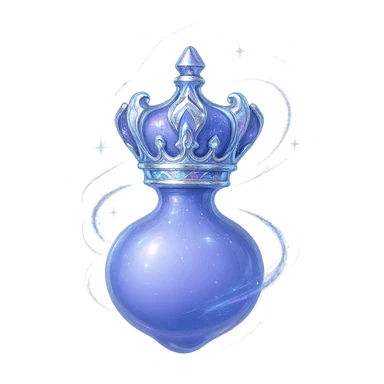 final ultra-luxurious extra small elixir bottle inspired by a crown: crown shape on top, color #7986cb, bottom merges seamlessly into a rounded, closed bottle (not flat or glass-like), the whole bottle looks like it's floating and swirling in the air, elegant silver and iridescent details, magical glowing and sparkling effects, very small neck, seamless rounded bottom, transparent background, no base or shadow, modern, luxury collection style, even smaller bottle proportions sticker