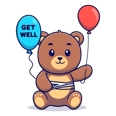 Cute teddy bear with a bandage holding a get well balloon sticker