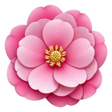 camellia flower, flat design, 5 layered pink petals with soft gradient, golden stamen in center, minimal outline, clean circular shape, pastel colors sticker