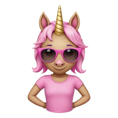 friendly anthropomorphised female unicorn with horse-like face, in tutu and pink t-shirt, wearing dark sunglasses, relaxed pose, close-crop head and shoulders sticker