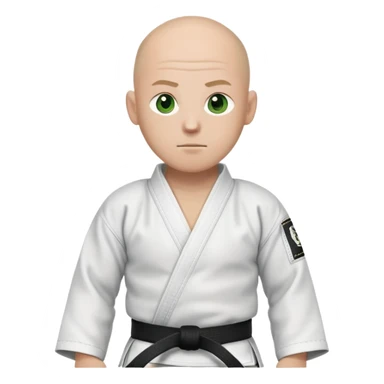 Bald white guy with 1 week bristle with green-brown eyes wearing black jiu-jitsu gi with white belt with two stripes on the belt sticker