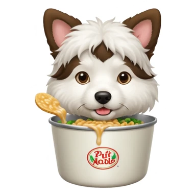 a brunette white wooly dog eating a pot noodle sticker