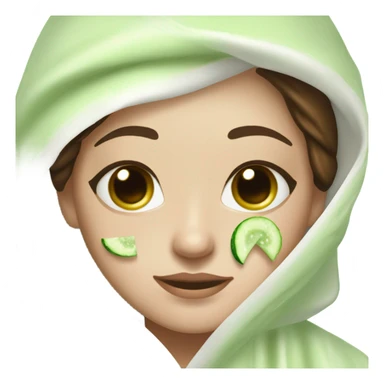 Girl with freackles Brown hair white skin and blue eyes wears Green colored texture skin care mask all over her face while She relaxes she puts on two mini round piece of cucumber on her closed eyes In a white Robe sticker