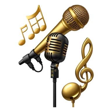 Create a sophisticated and smooth emoji representing jazz vocal performance. The design should feature a stylized microphone, with musical notes swirling around it to convey the fluid, improvisational nature of jazz. Add subtle elements like a vintage microphone stand or a hint of a singer’s silhouette in the background to reflect the live, intimate feel of jazz performance. Use deep, rich colors like gold, black, and burgundy to evoke the classic, smooth vibes of jazz. The background should be transparent. sticker