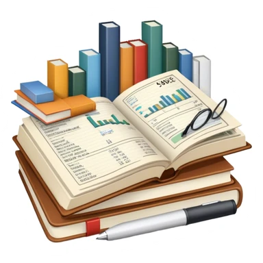 Icon for Business Reading: an open book with graphs, numbers, percentages, formulas, and text on the pages, next to a stack of books, a pile of dollars, a calculator and business magazines like Forbes. Transparent background. sticker