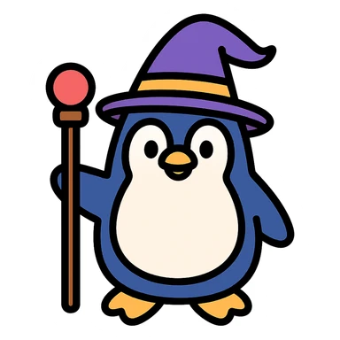 penguin wizard with a staff and wizard hat, color outline icon sticker