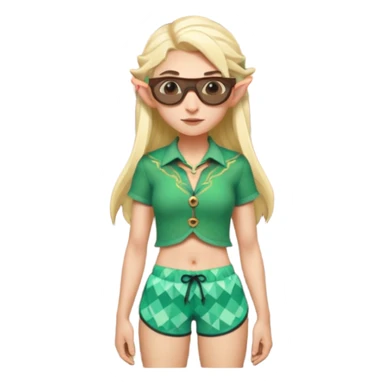 elf female legolas portrait, patterned board shorts (geometric/abstract), unique wooden-framed sunglasses, undercut hairstyle, slight smirk, visible pointy ears, no background, centered emoji, hipster summer vibe coctails  sticker