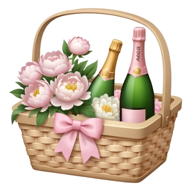 White Picnic basket with light pink bow and white peonies and one pink champage bottle inside sticker