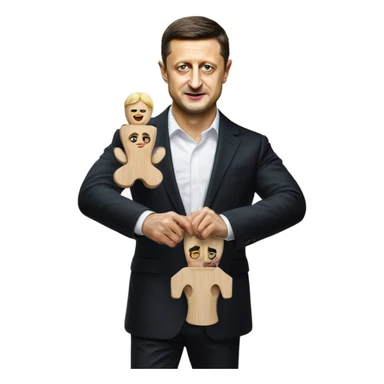 Hyper realistic Vladimir Zelensky pulls the strings of a wooden doll sticker