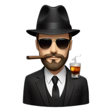 young white male adult with dark hair and beard, black fedora hat, black ray ban sunglasses, three pieces dark costume and tie smoking a cigar with a glass of whisky in the hand sticker