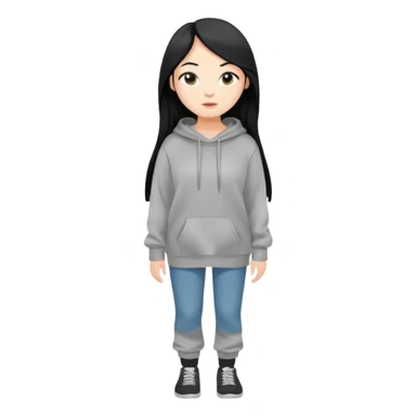 full-body female avatar, flat vector, long black hair, oversized sweatshirt, neutral background sticker