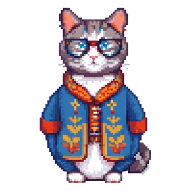 A cat in traditional Russian attire with glasses, retro and blocky. sticker