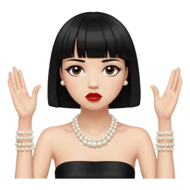 Face and Hair: The figure has a short, black blunt bob haircut with straight bangs. She has long eyelashes and red lipstick Jewelry and Accessories: The figure wears a pearl necklace and a bracelet, both depicted with small, evenly spaced circles. The right wrist has a bracelet, and the left hand is bare. Hands and Pose: Two disembodied hands are raised near the face. she wears a black strapless top. her fingers are splayed, creating a gesture that suggests frustration, stress, or theatrical exasperation. The posture feels very performative, almost frozen in mid-drama. sticker