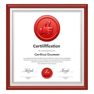 A simple emoji of a certificate document with a seal and a thumbs-up symbol, representing qualification or certification sticker