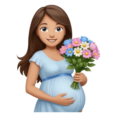 Create a cute emoji-style illustration of a young brunette woman with long brown hair, blue eyes, and a happy smile. She is pregnant, shown with a visible baby bump, wearing a simple white dress and holding a small bouquet of flowers. She looks excited and joyful, as if she's about to marry soon. sticker