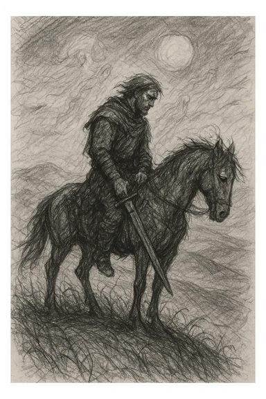 black and white pencil sketch of a warrior's final ride, lone rider on restless horse atop windswept hill under heavy sunless sky, contemplative rider with sword at side preparing for last battle, somber landscape with gusting wind, distant hills, ancestral spirits in the air, subtle grass and vines, passage of time, evoking themes of legacy, peace, and returning to the earth, no text sticker
