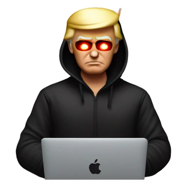 Donald Trump in a black hoodie with bright red glowing laser eyes typing on a MacBook, Donald Trump, black hoodie, bright red glowing eyes, typing on MacBook. sticker
