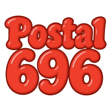 Change the font color to red for 'Postal 696', keep the extra puffy bubble letter style, whimsical and lighthearted, with a transparent background. Maintain the whimsical and lighthearted feel with extra puffy bubble letters. sticker