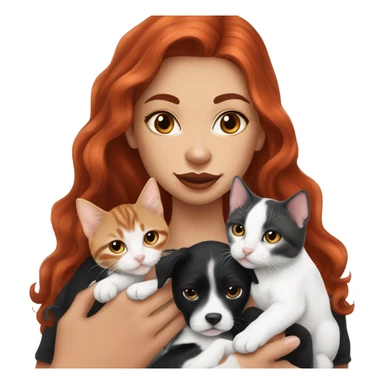 Long Red haired woman with septum piercing holding black and white English Staffordshire puppy and tabby kitten sticker
