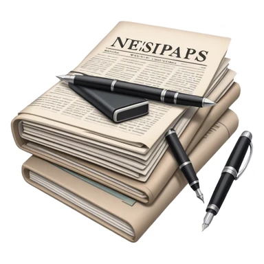 Create an emoji representing journalism and publicistic writing. The design should feature a stack of newspapers, an open notebook with visible text, and a single fountain pen placed near the notebook, symbolizing the act of writing. Use neutral, professional colors like black, white, and muted tones to convey a sense of seriousness and intellect. Do not include any emojis or smiley faces. Make the background transparent. sticker