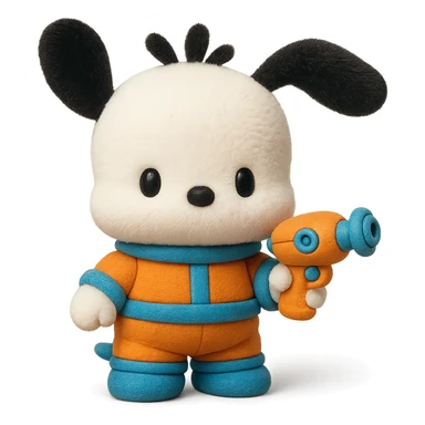 Make Pochacco hold a cute toy gun, keep him white with black ears, orange and blue space suit, plushy Popmart doll style, playful and adorable, no background sticker