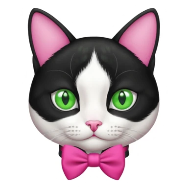 A black and white cat tuxedo breed head with green eyes she has a hot pink bow on her head  sticker