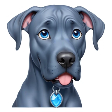 Cinematic Comical Blue Great Dane Portrait Emoji, Head tilted dramatically with an exaggeratedly amused expression, featuring a striking blue Fur with a glossy finish, wide, expressive steel-blue eyes filled with playful disbelief, Simplified yet hilariously expressive features, highly detailed, glowing with a slightly sassy glow, high shine, dramatic yet playful, stylized with an air of cheeky charm, bright and endearing, soft glowing outline, capturing the essence of a spirited and over-the-top guardian, so meme-worthy it feels like it could side-eye its way into internet fame instantly! sticker