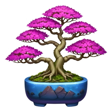 Futuristic wild glowing et alien moss maples Bonsai hair-fine-leaf group crimson crystal azalea purple and cream pink blue informal rocky cliffhanger forest planting in shallow slab style pot  sticker
