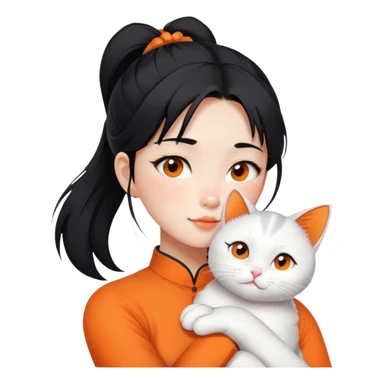 East Asian girl with high ponytail black hair hugging a predominantly white cat with orange patches, sweet and gentle, cute facial expressions sticker