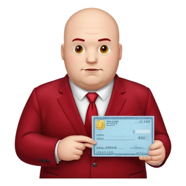 big fat guy bold head in dark red velvet suit holding cheque sticker