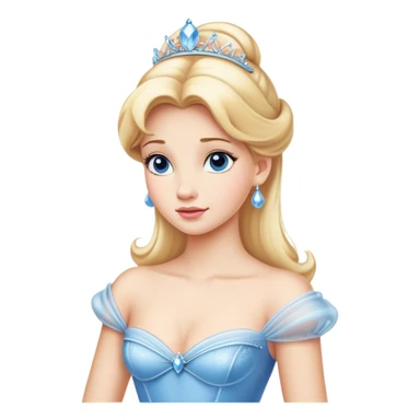 Cinematic Elegant Cinderella Portrait Emoji, rendered in a realistic, vector-style with minimal shading and bold, simplified shapes. Depict Cinderella in her classic ball gown (chest and above) with fair, porcelain skin and elegantly styled blonde hair, her eyes soft and kind, and her expression serene and graceful. The design glows with a gentle, enchanting radiance and high shine, capturing the timeless beauty of a fairy tale princess. sticker