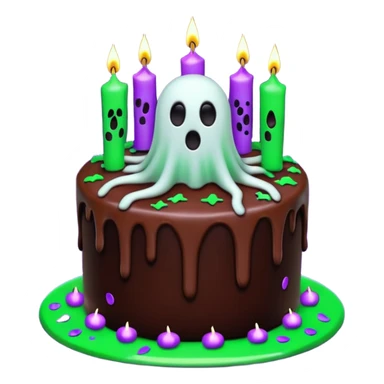 Chocolate Halloween cake with ghost floating and spiders on the side crawling with glowing green frosting dripping down the sides with candles on top and purple and black confetti  sticker