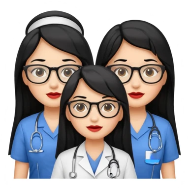 Genera emogis de 4 cuatro enfermeras de cabello negro largo, entre ellas que una tenga lentes y otra un lunar encima de los labios sticker