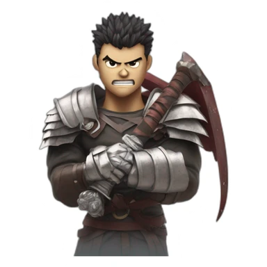 angry berserk guts carrying a huge sword on his shoulder framed on his bust sticker