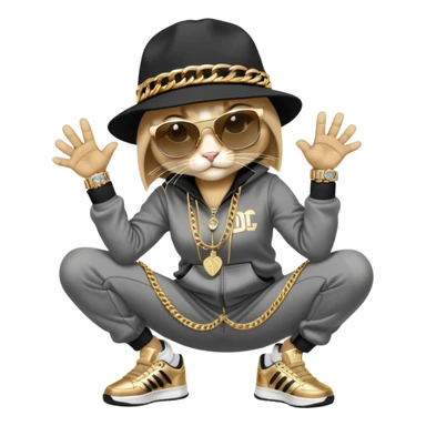 female cat wearing Run DMC hip-hop outfit with tracksuit, fedora, Adidas sneakers, dark sunglasses, many gold chains and bling accessories, break dancing sticker