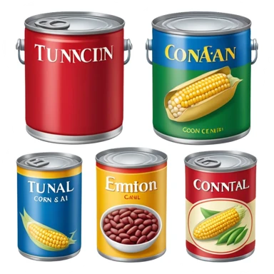 Four different canned food items in a row, soup can, beans can, corn can, tuna can sticker